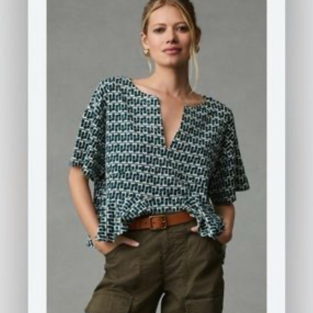 Anthropologie Green and White Geometric Blouse